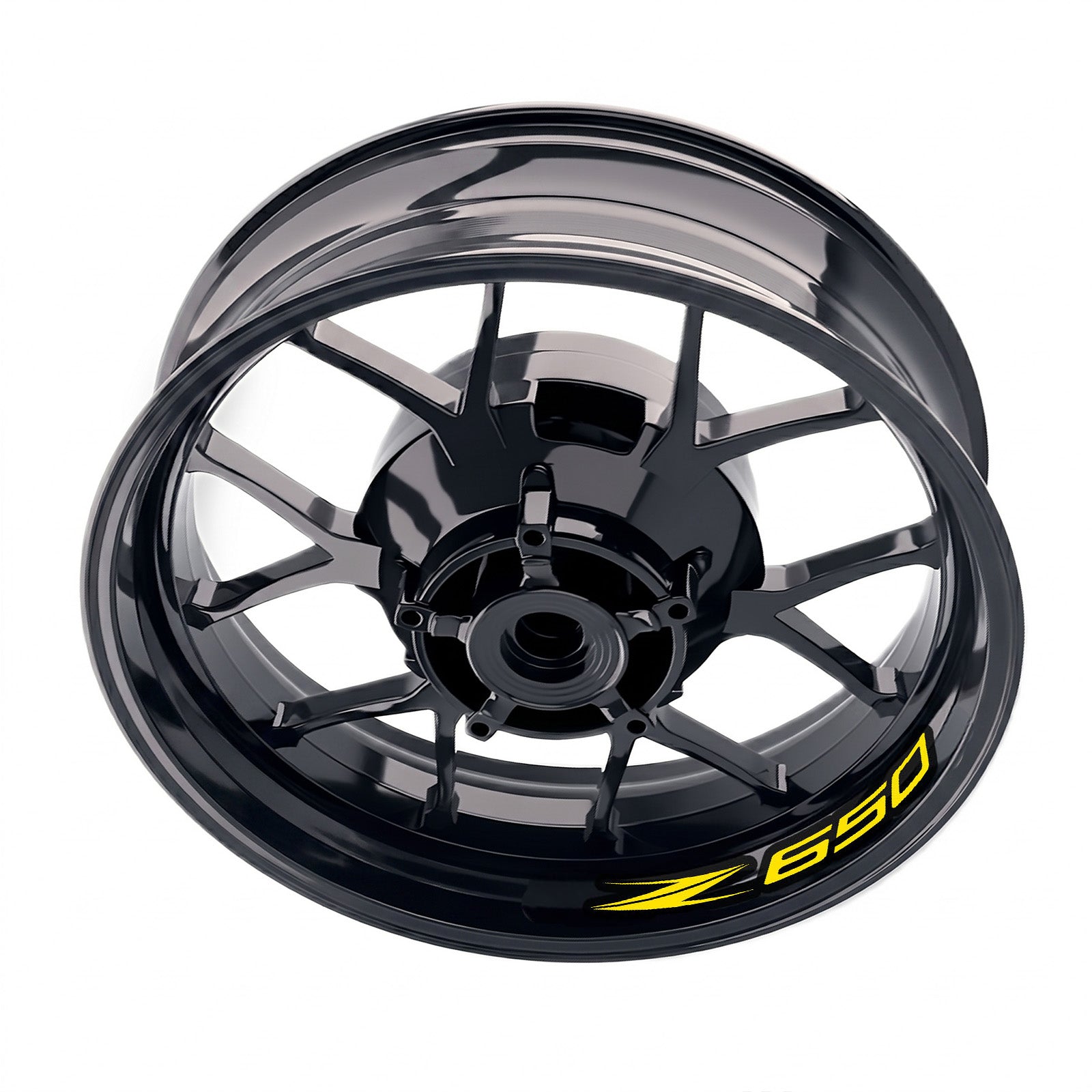 Kawasaki Z650 inner rim sticker set by StickerBao, bike model-specific wheel decals on a motorcycle wheel.