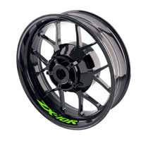 Kawasaki ZX10R Ninja wheel rim sticker set from StickerBao, featuring bike-specific decals on silver alloy rims.