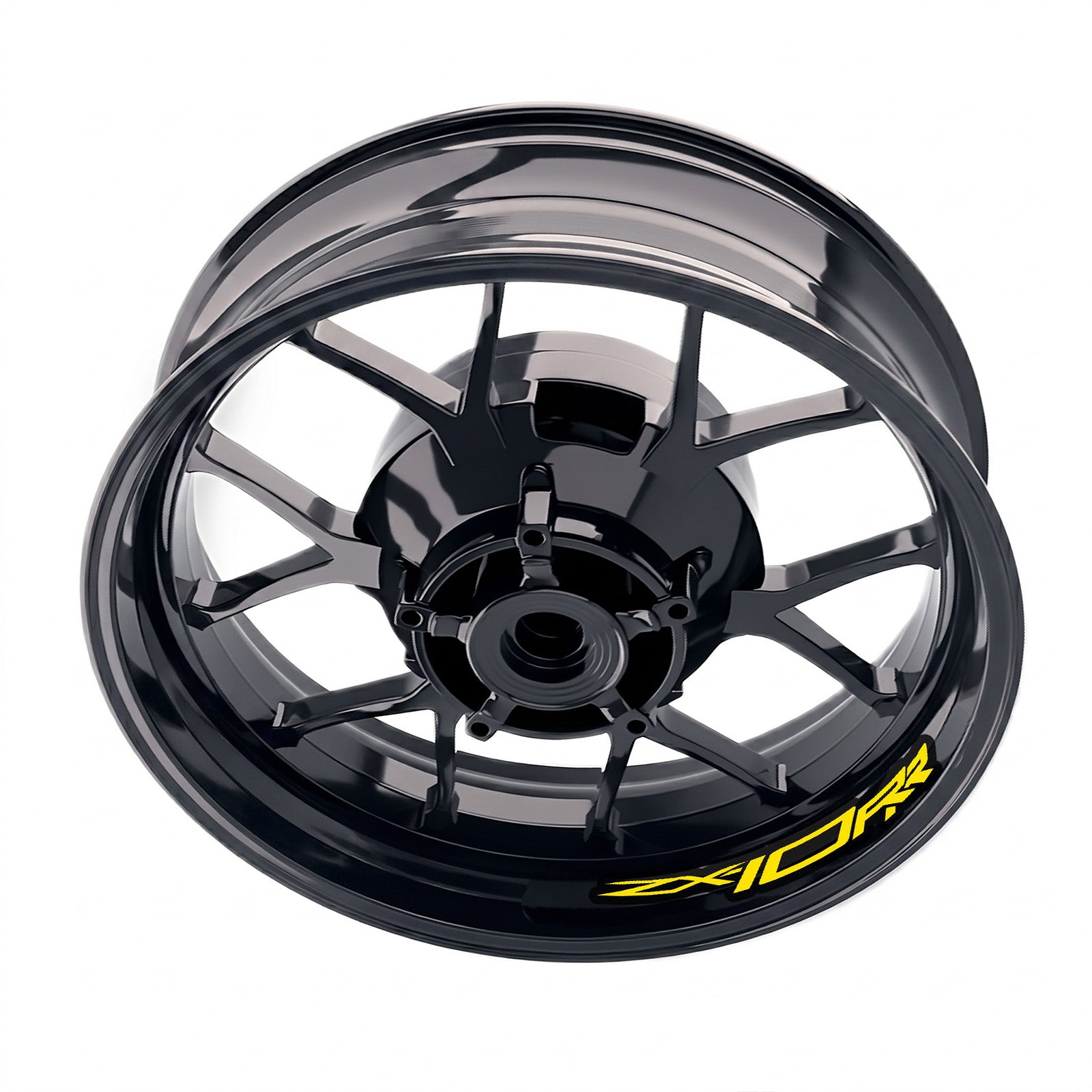 Kawasaki ZX10RR Ninja wheel rim sticker set by StickerBao, showing yellow and black inner rim decals for bike wheels.