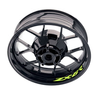Kawasaki ZX6R Ninja ZX636 wheel sticker set with model-specific rim decals by StickerBao, featuring black and green design accents