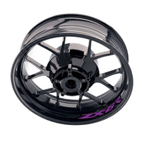 Kawasaki ZX6R Ninja ZX636 inner rim sticker set by StickerBao, featuring wheel decals on black motorcycle wheels.