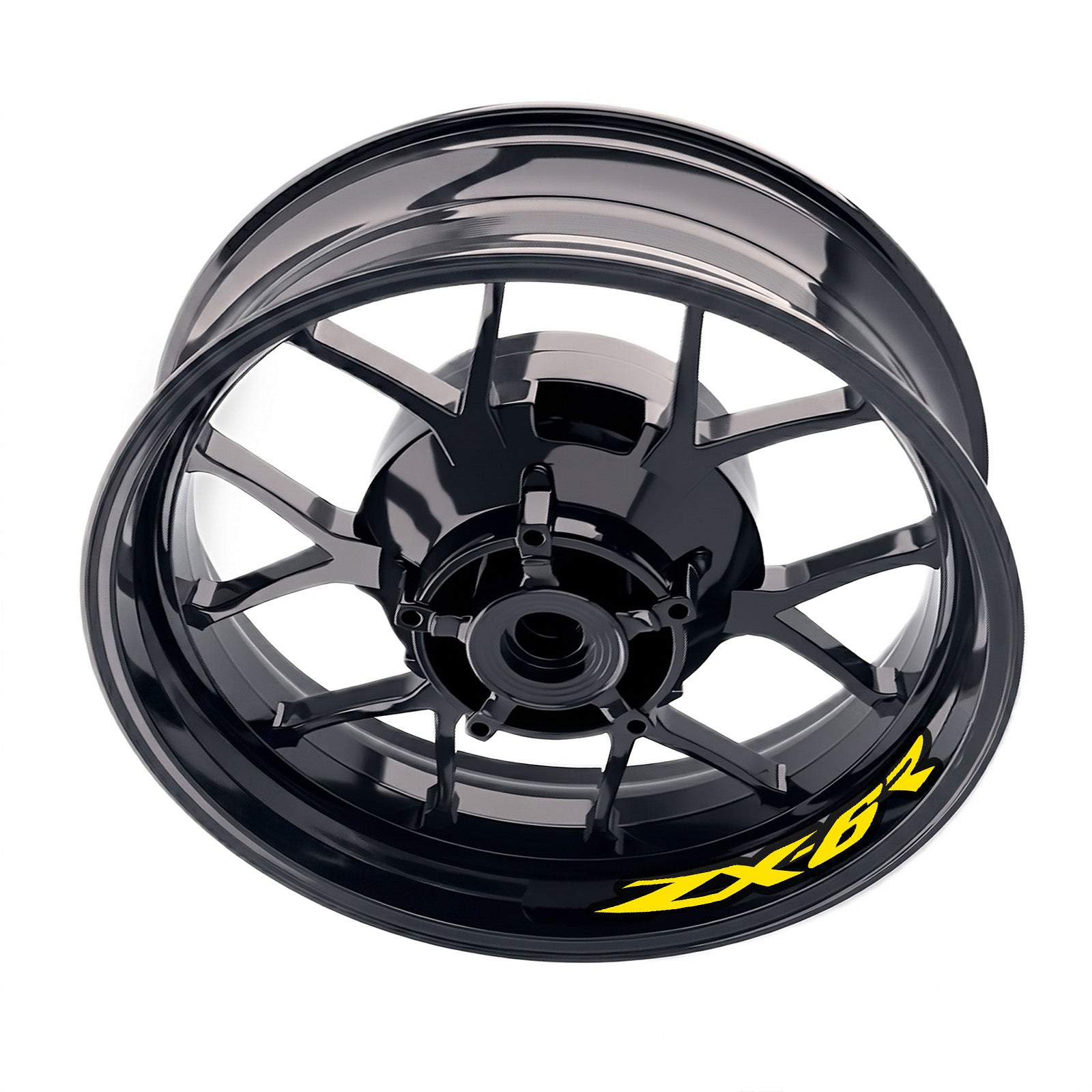 Kawasaki ZX6R Ninja ZX636 wheel stickers and rim decals set by StickerBao, featuring bike-specific inner rim decals on black wheels