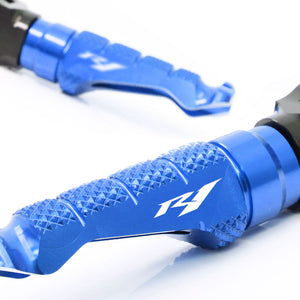 Yamaha YZF R1 R1M R1S engraved front rider Blue Foot Pegs