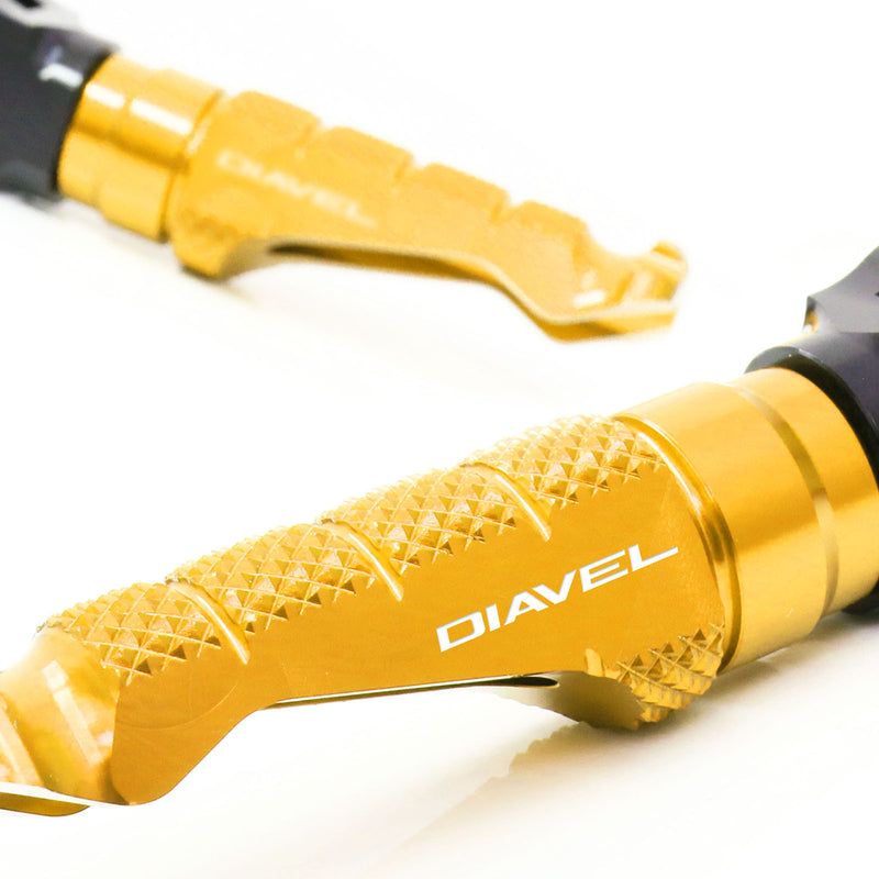 Fit Ducati Diavel Carbon Engraved Logo R-FIGHT Front Gold Foot Pegs - MC Motoparts