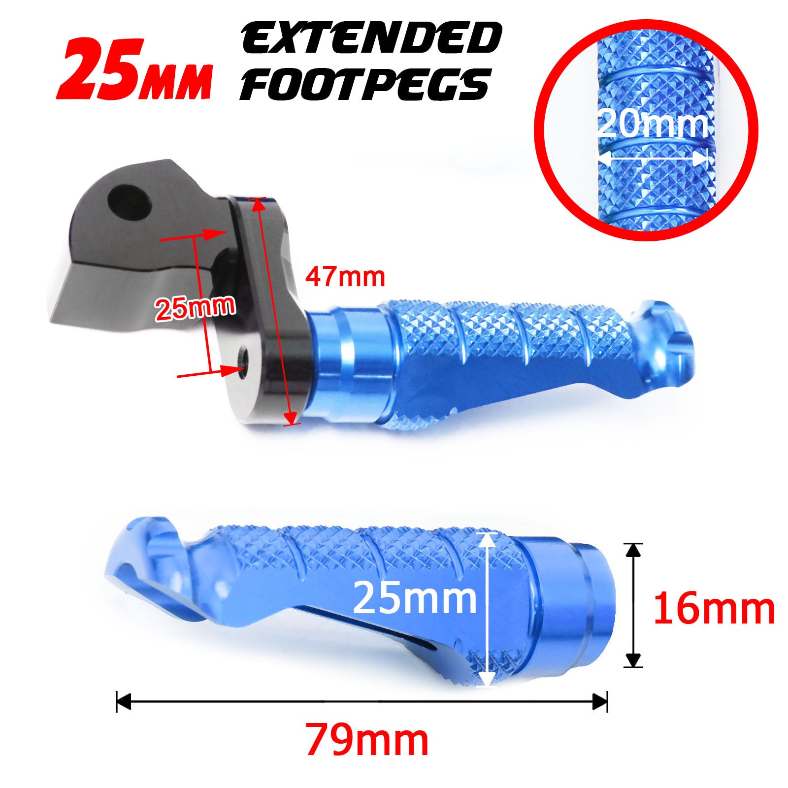 Fits Yamaha YZF R6 R3 R1 R25 25mm Extension Rear R-FIGHT Blue Foot Pegs